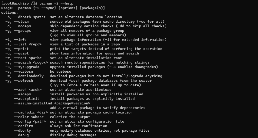 result of pacman -S &ndash;help