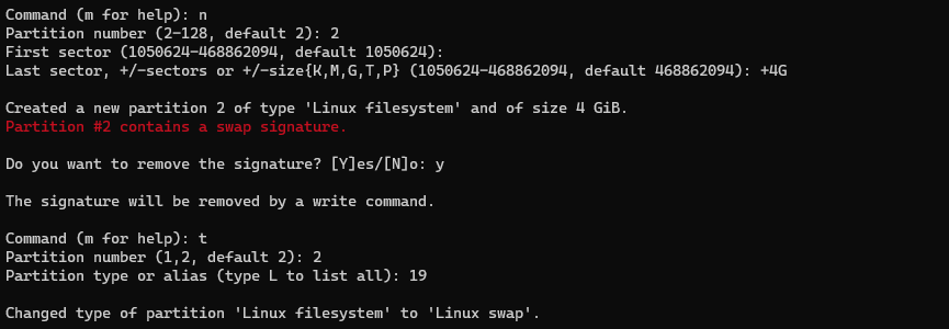 commands needed to create SWAP partition using fdisk tool